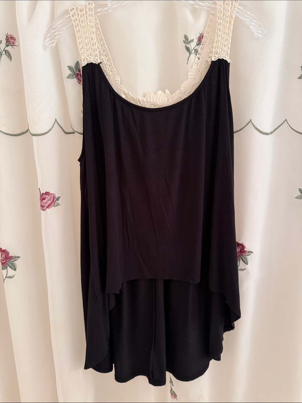 Black Crochet-Trim Tank Top with Cream Straps